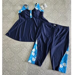 Hanna Nikole Womens Plus Size 20W Tankini Swim Dress Capri Set Navy Blue Floral